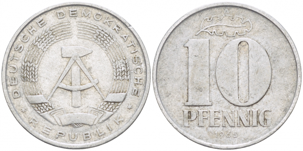 ГДР 10 ПФЕННИГОВ 1965 А KM алюминий 110-317