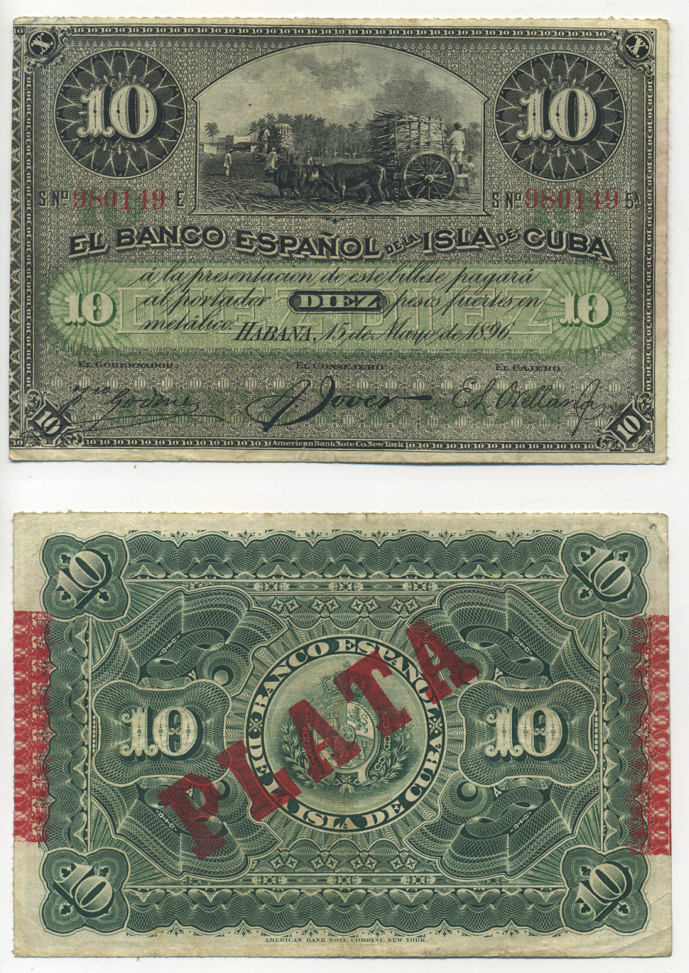 Куба 10 песо 1896 Испанская Администрация, надпечатка PLATA Pick 49 d бумага 448-30-2