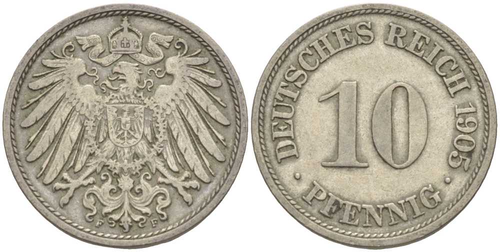 Германия 10 пфеннигов 1905 F KM 12, J. 13 медно-никель 34-652