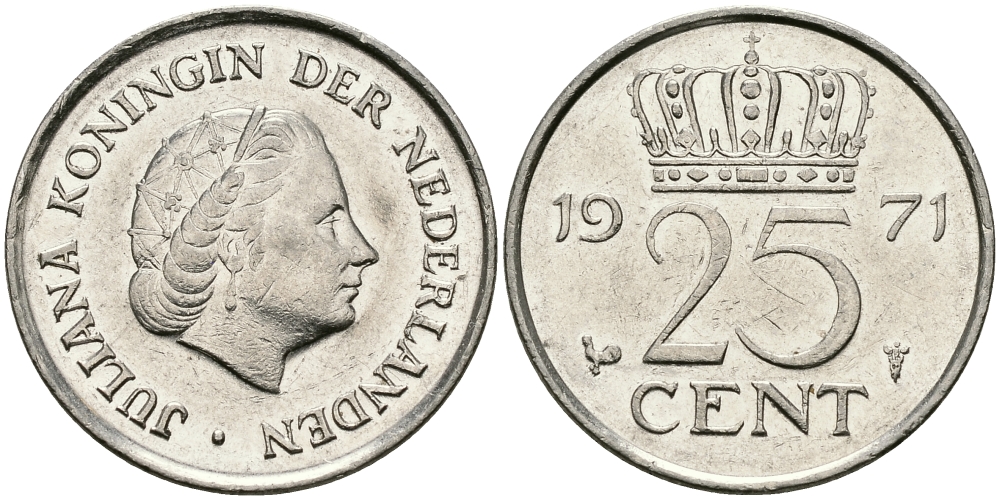 НИДЕРЛАНДЫ 25 ЦЕНТОВ 1971 ЮЛИАНА KM 183 никель 96-224