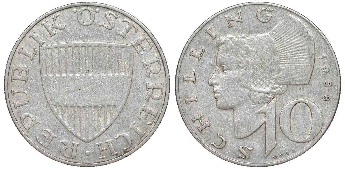 Австрия 10 шиллингов 1958 KM 2882 серебро 4178-534