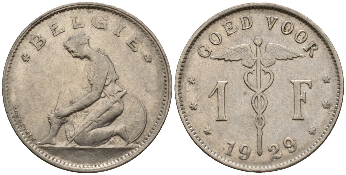 Бельгия 1 франк 1929 Belgie KM 90 никель 34-1022