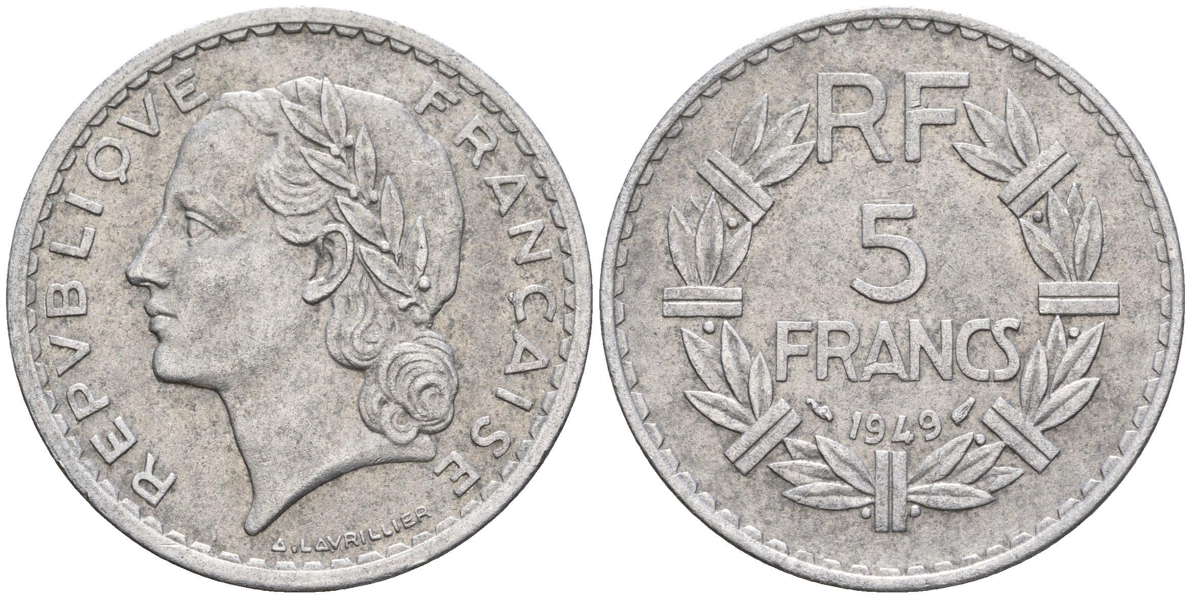 Франция 5 франков 1949 тип Лаврийе KM 888b.1, Le Franc 339.17 алюминий 221-433