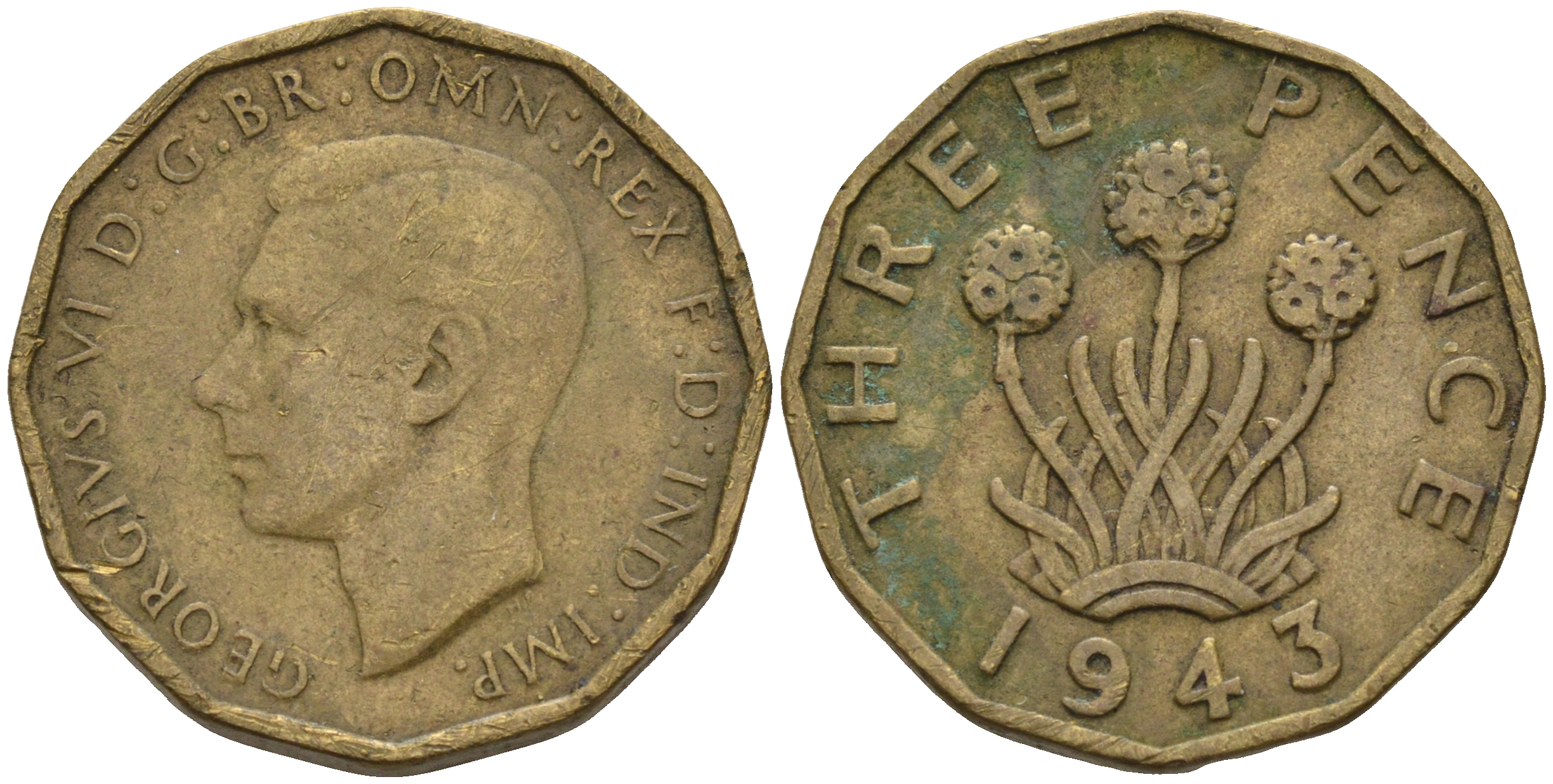 Великобритания 3 пенса 1943 Георг VI (1936-1952) KM 849, Spink 4112 никель латунь 4591-252