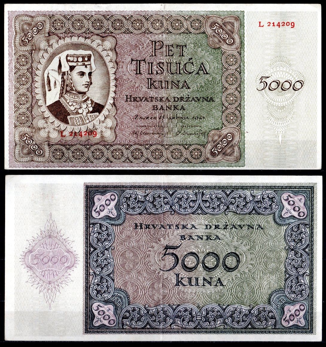 Хорватия 5000 куна 1943 Pick 14 a бумага 7553-31-1-2
