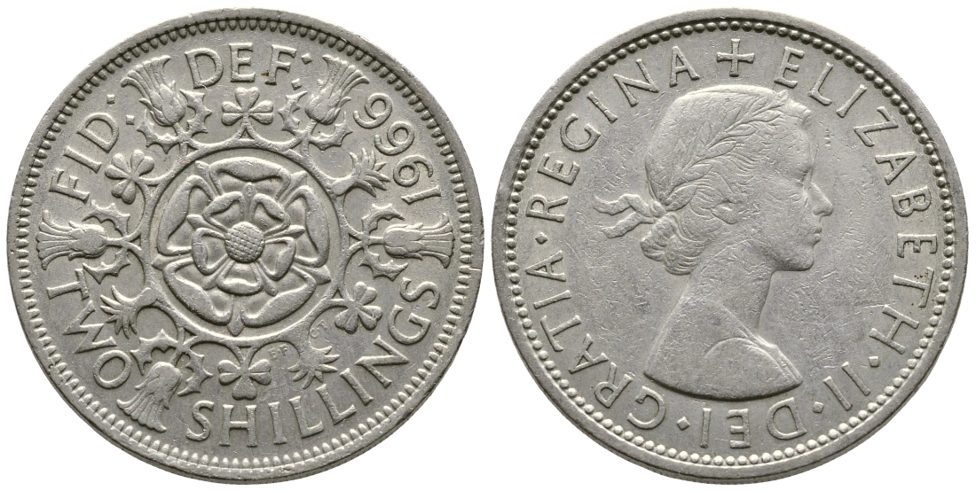 Великобритания 2 шиллинга (флорин) 1966 Елизавета II (1952-2022) KM 906, Spink 4146 медно-никель 3999-1032