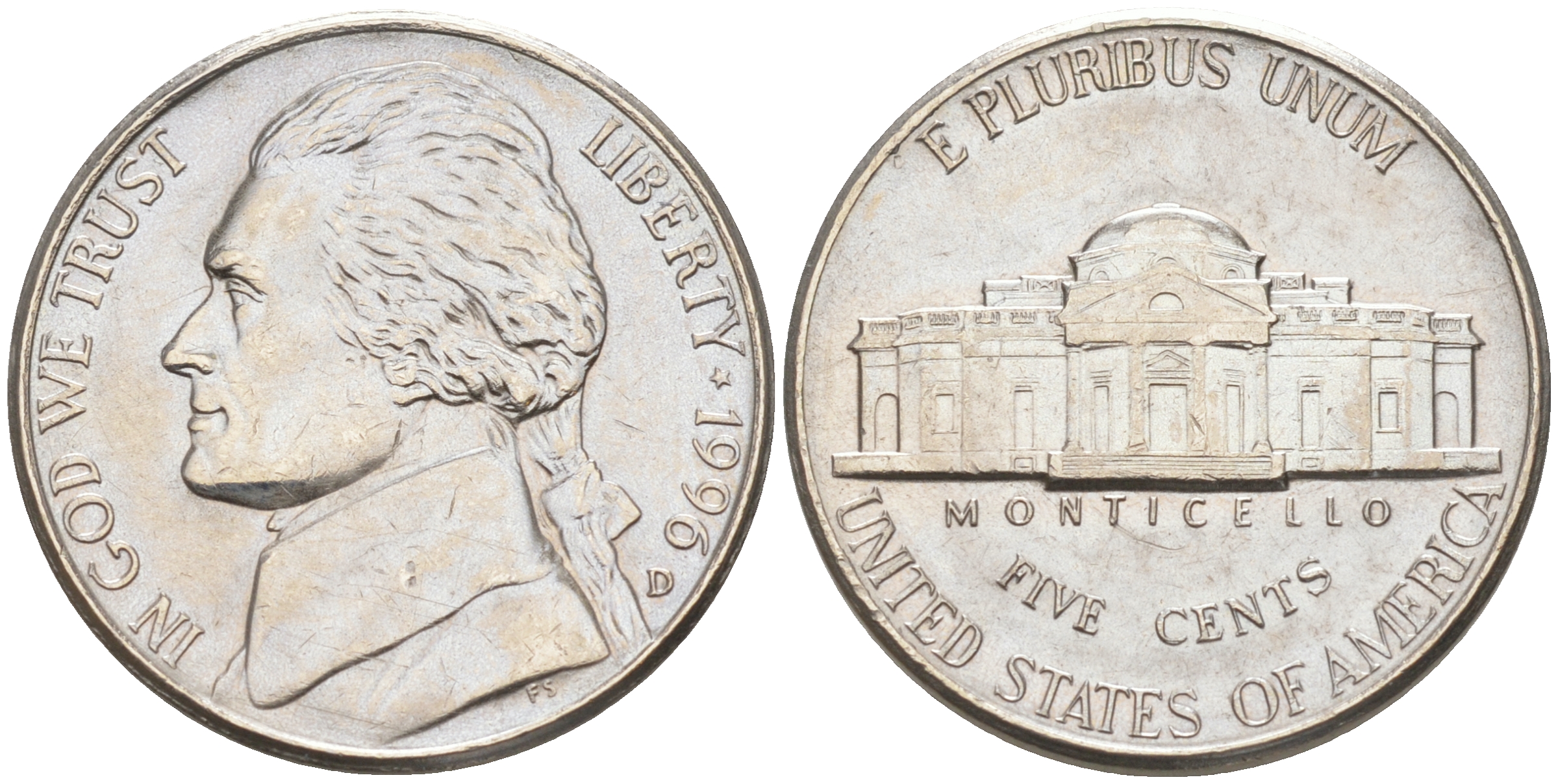 США 5 ЦЕНТОВ 1996 D, ДЖЕФФЕРСОН KM A192 медно-никель 190-136