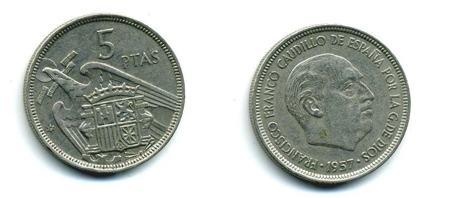 Испания 5 песет 1957 (75) Франциско Франко (1939-1975) KM 786 медно-никель 53-1113