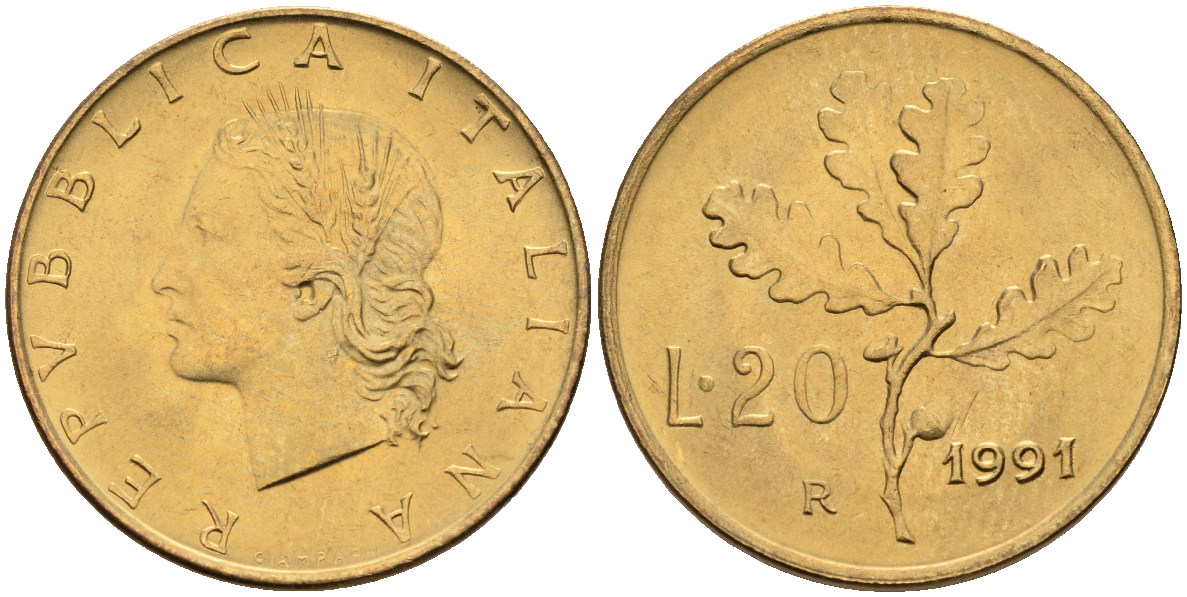 Италия 20 лир 1991 R, дубовый лист KM 97.2 алюминиевая бронза  UNC  4594-841