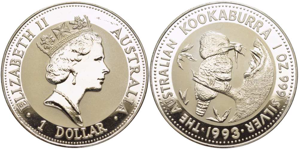 Австралия 1 доллар 1993 кукабара на ветке KM 209 серебро PROOF 00-000-00