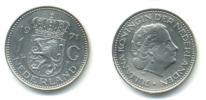 Нидерланды 1 гульден 1971 Юлиана (1948-1980) KM 184а никель 84-744