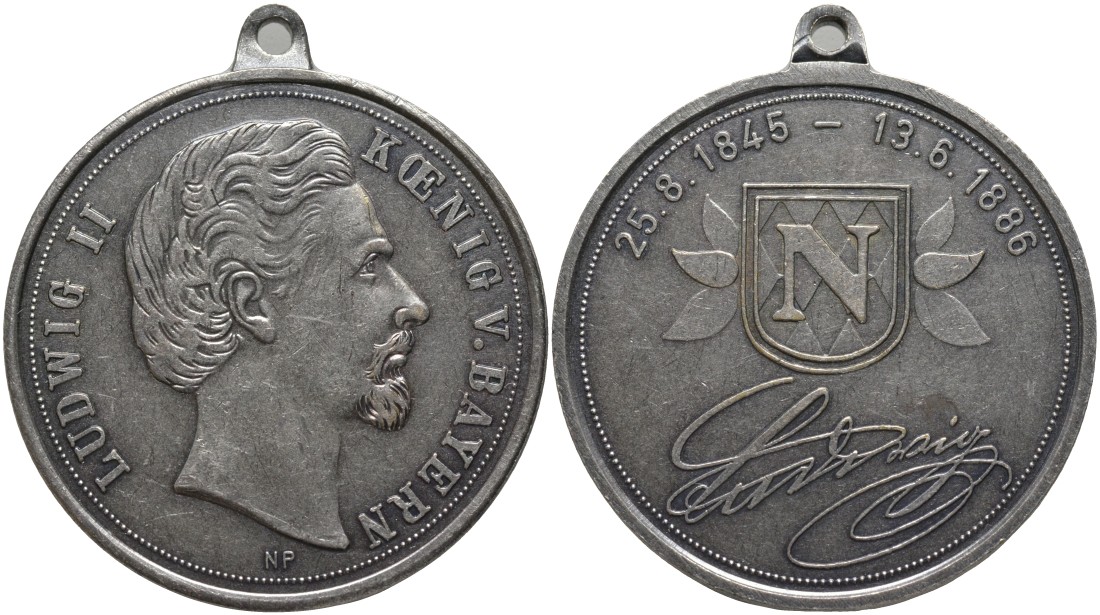 Бавария медаль ND В ПАМЯТЬ ПРАВЛЕНИЯ ЛЮДВИГА II КОРОЛЯ БАВАРИИ (1845-1886), СЕРЕБРЕНИЕ, С УШКОМ ДЛЯ НОШЕНИЯ, диаметр 38 мм. медно-никель 4552-313