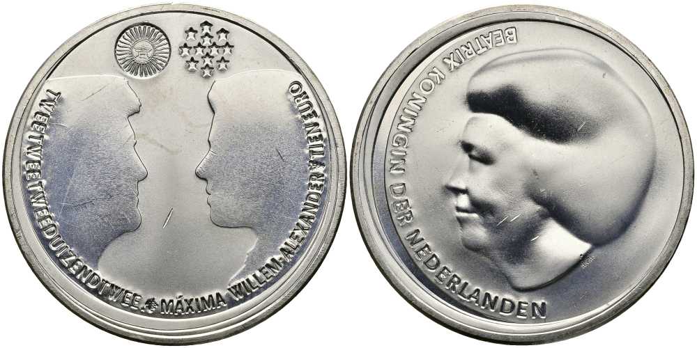 Нидерланды 10 евро 2002 королевская свадьба Виллема-Александра и принцессы Максимы KM 243 серебро UNC 650-1123