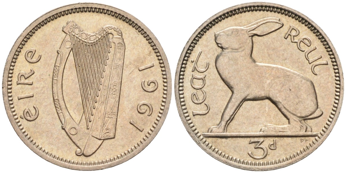 Ирландия 3 пенса 1961 заяц KM 12а медно-никель UNC 4580-926