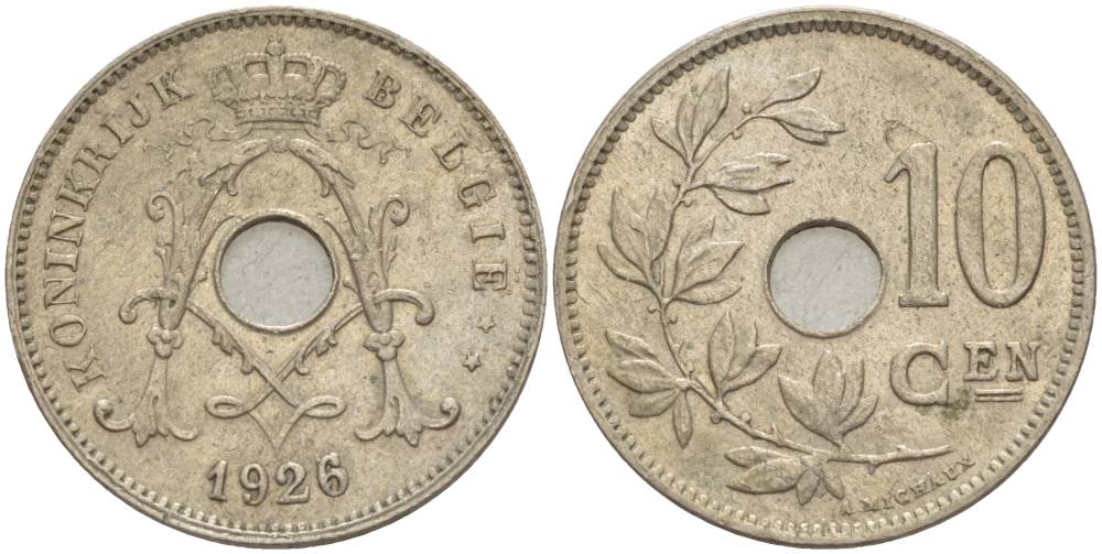 БЕЛЬГИЯ 10 САНТИМОВ 1926 BELGIE KM 86 медно-никель 4544-1222
