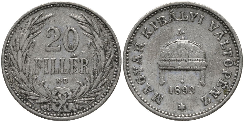 Венгрия 20 филлеров 1893 KB, Франц Иосиф I (1848-1916) KM 483 никель 4396-213