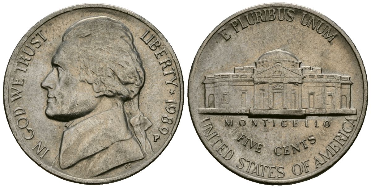 США 5 центов 1989 Джефферсон KM A192 медно-никель 4135-453