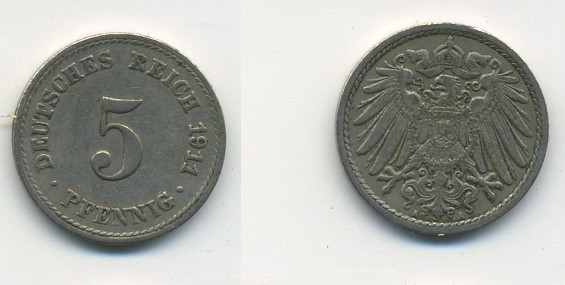 Германия 5 пфеннигов 1911 A KM 11, J. 12, Weege 6 медно-никель 23-1053