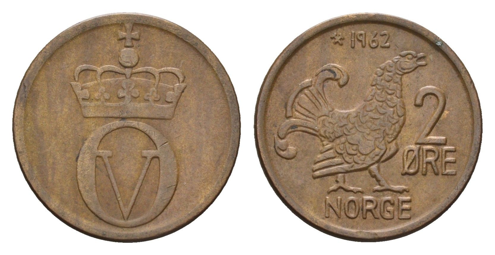 Норвегия 2 эре 1962 глухарь, Улаф V (1958-1991) KM 410 бронза 4702-262