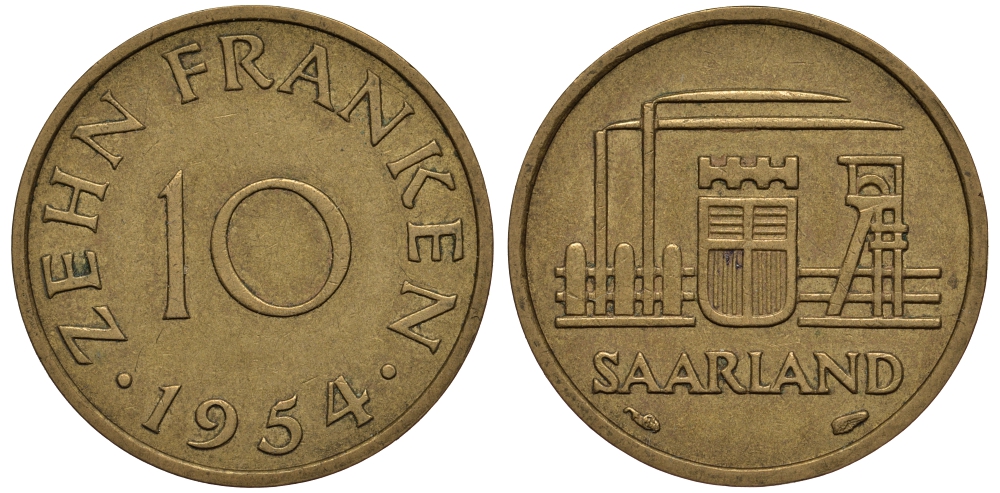 Саарланд 10 франков 1954 индустрия KM 1 алюминиевая бронза 00-00