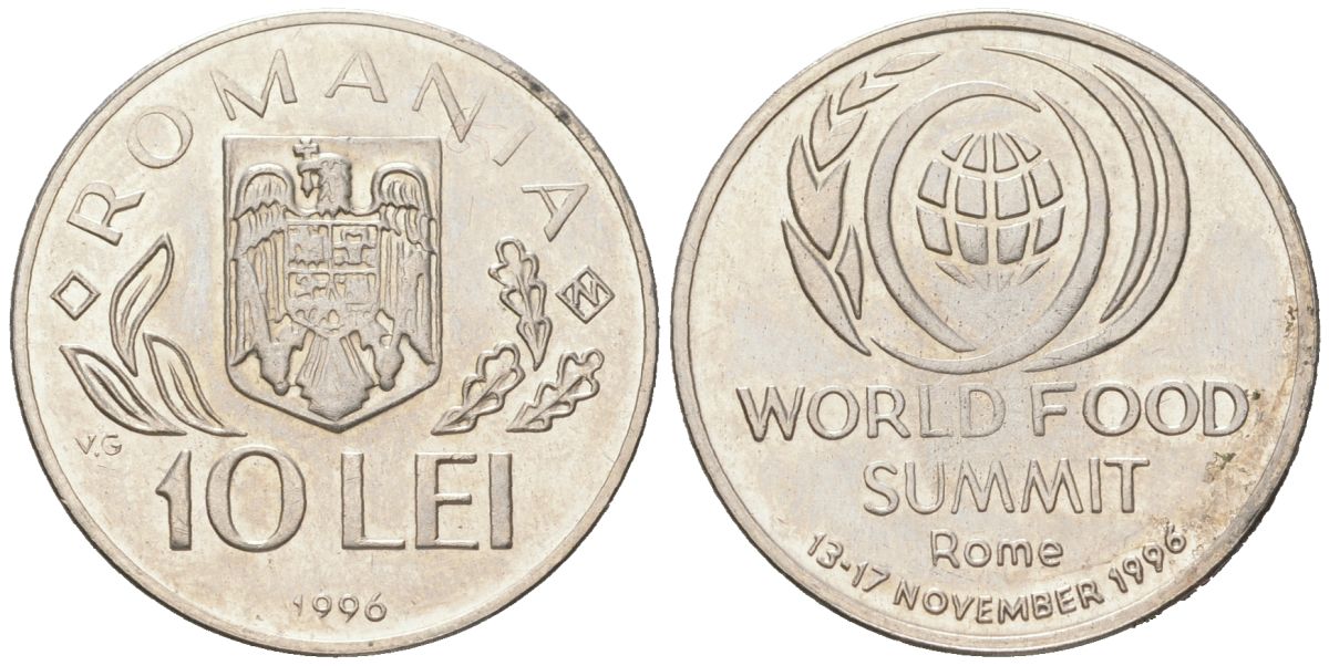 Румыния 10 леев 1996 Международный продовольственный саммит в Риме KM 126 сталь плакировнная никелем UNC 183-1017