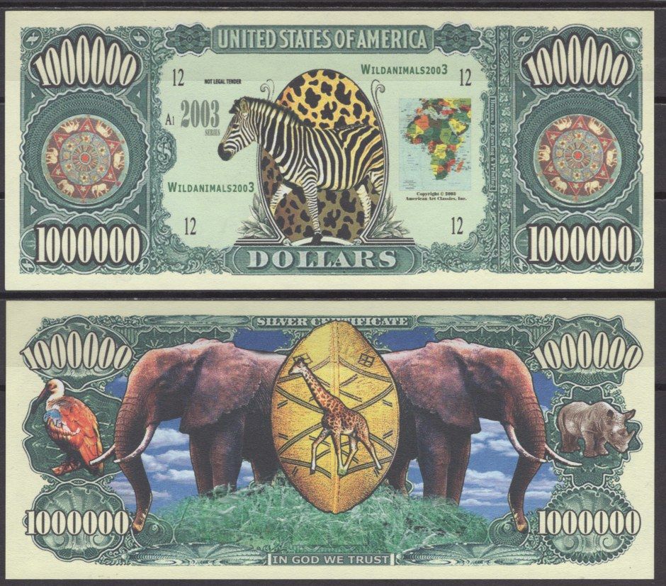 США 1000000 долларов 2003 Дикие животные - зебры бумага UNC (пресс) 7197-2-2