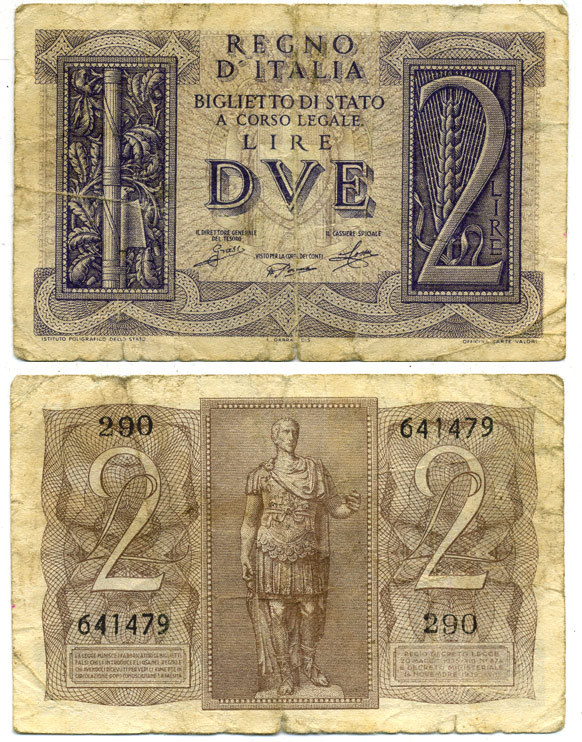 Италия 2 лиры 1939 Юлий Цезарь Pick 27, Grapanzano BS 14 7484-13-1-1