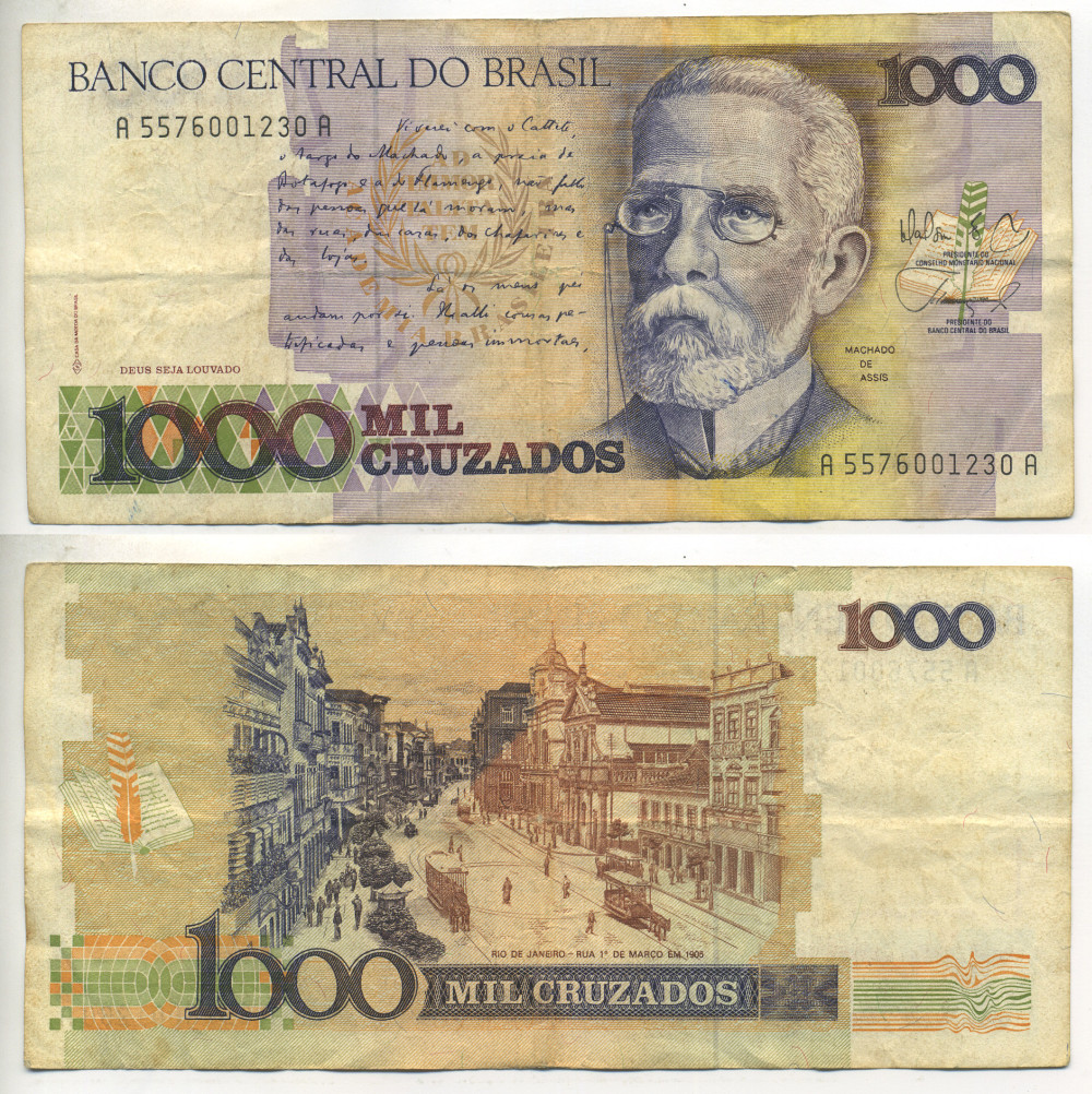 БРАЗИЛИЯ 1000 КРУЗАДО 1988 ПОДПИСЬ 26 Pick 213b бумага 445-13-1