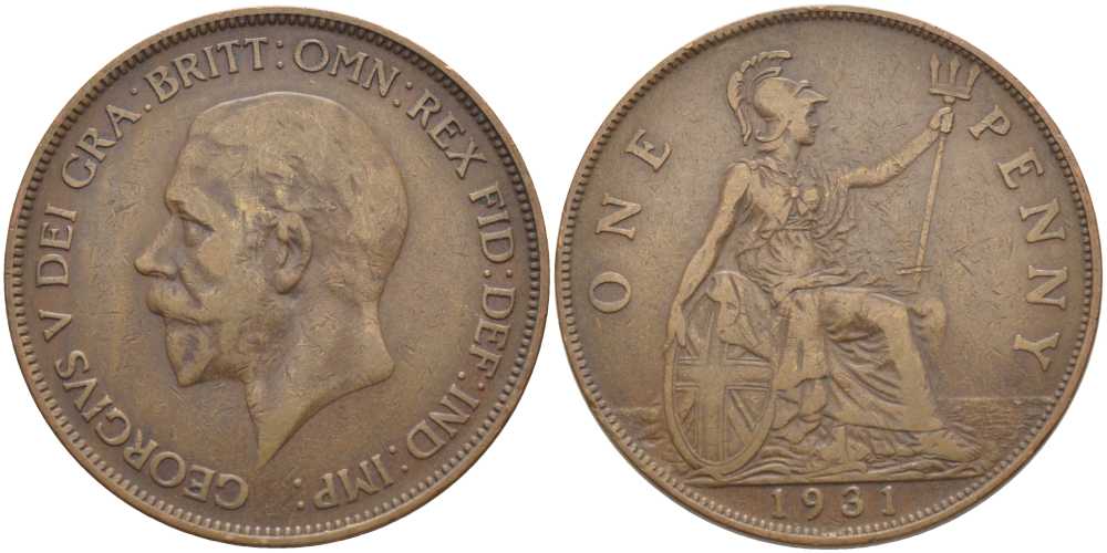 Великобритания 1 пенни 1931 Георг V (1910-1936) KM 838, Spink 4055 бронза 115-245