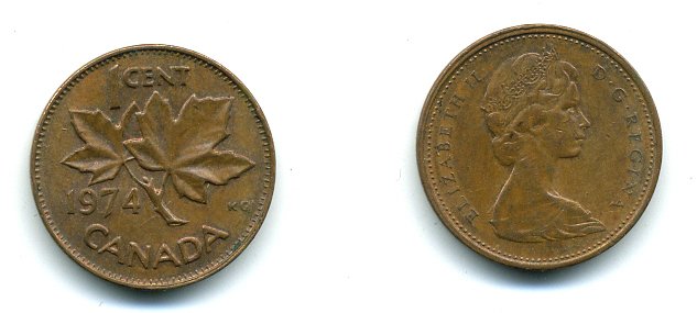 Канада 1 цент 1974 Елизавета II (1952-2022), кленовый лист KM 59.1 бронза 37-249