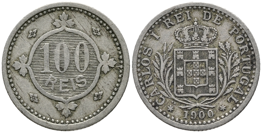 ПОРТУГАЛИЯ 100 РЕЙС 1900 КАРЛОС I (1889-1908) KM 546 медно-никель 34-855