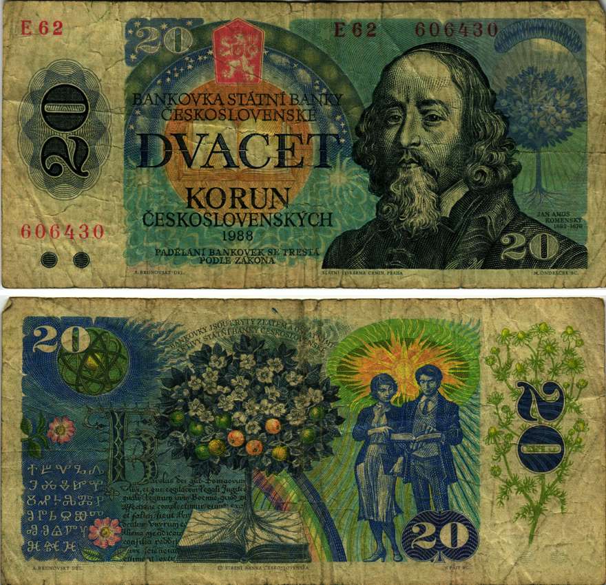 Чехословакия 20 крон 1988 серия E, Ян Коменский, древо жизни Pick 95 a бумага 7148-23-1-2