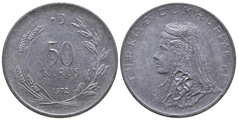 Турция 50 курушей 1972 Анатолийская невеста KM 899 нержавеющая сталь 84-1146