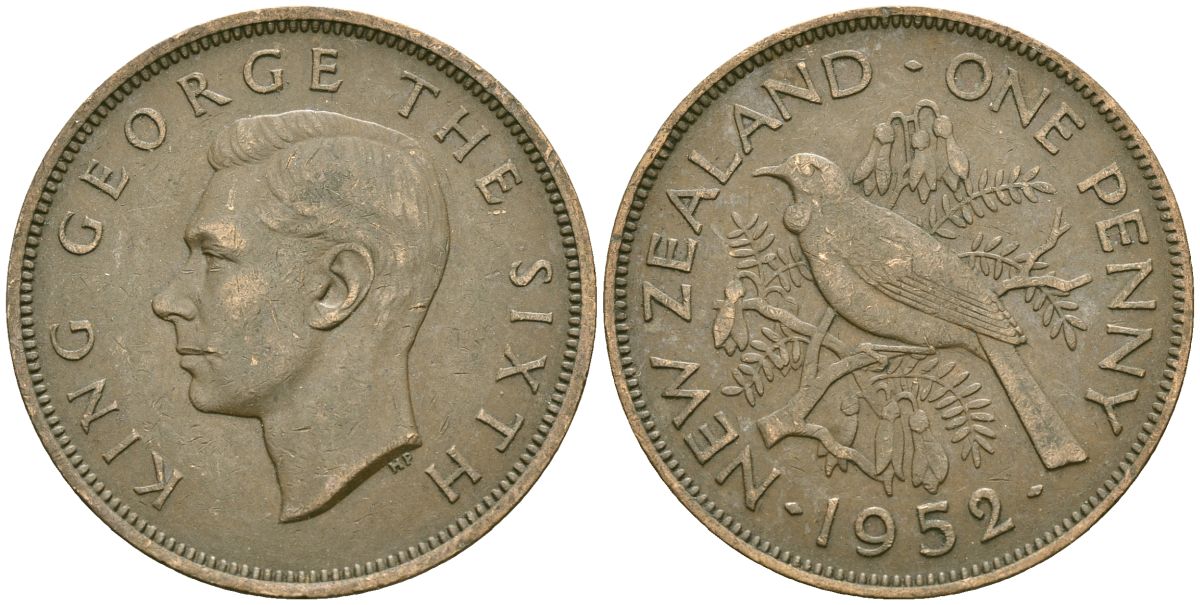 Новая Зеландия 1 пенни 1952 Георг VI (1936-1952), новозеландский туи KM 21 бронза 4120-116