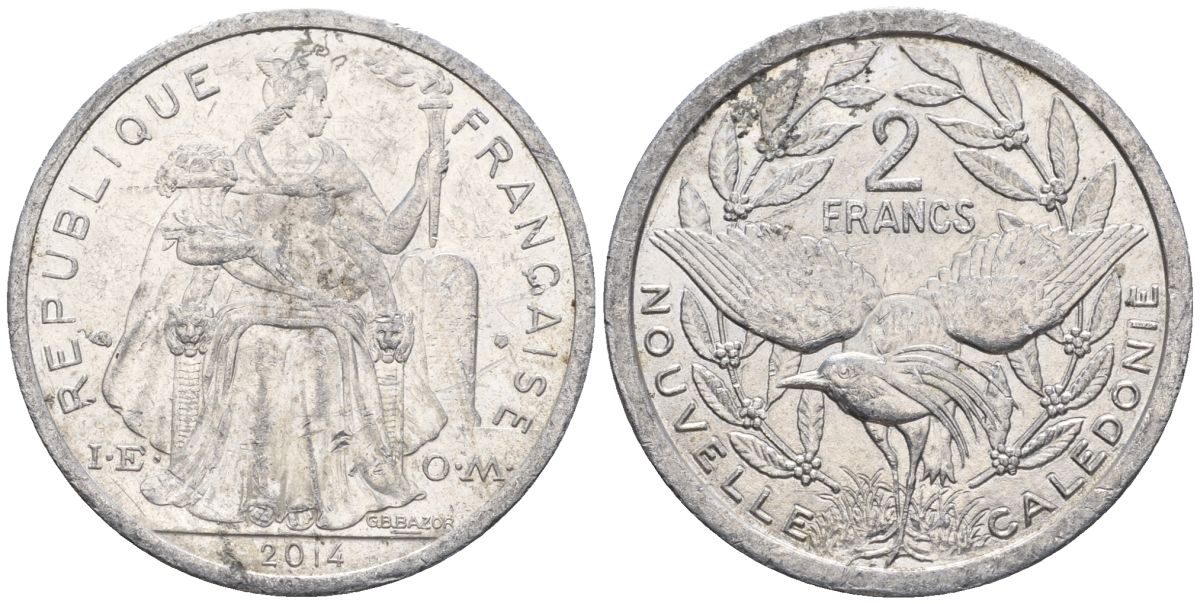 Французская Новая Каледония 2 франка 2014 птица кагу, (IEOM) KM 14, Schoen 11 алюминий    29-745