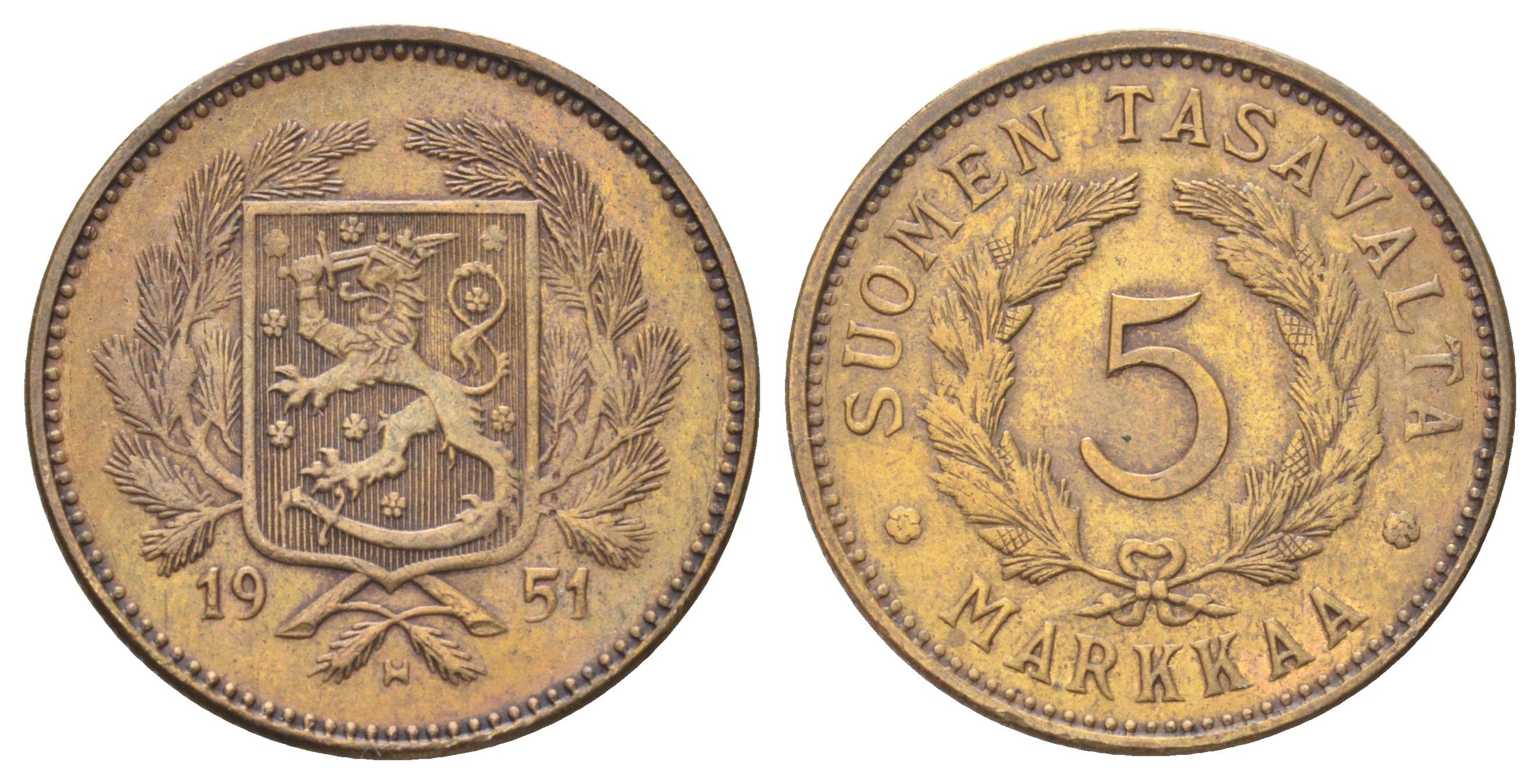 Финляндия 5 марок 1951 H KM 31a латунь 4666-833