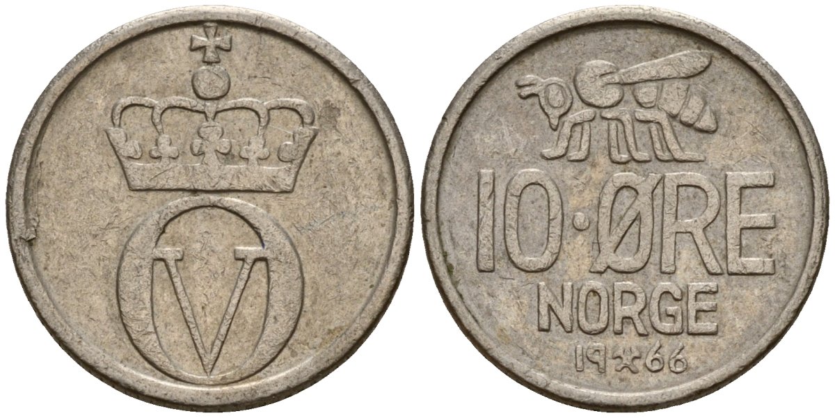 Норвегия 10 эре 1966 Улаф V (1958 - 1991) KM 411 медно-никель 4154-766
