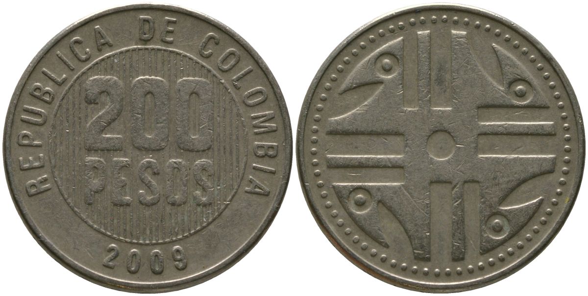 Колумбия 200 песо 2009 KM 287.4, Schon 113, Restrepo 446 никель латунь 4538-415