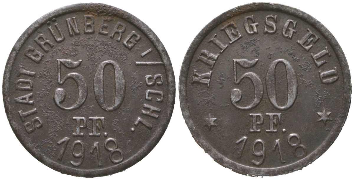 Грюнберг (Пруссия, Силезия) 50 пфеннигов 1918 Funck 176.3, Men05 9889.3, Men18 12321.3 железо 4597-532