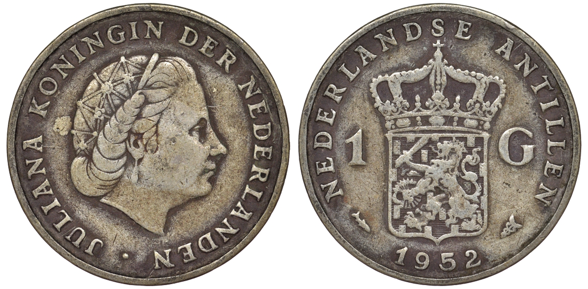 Нидерландские Антилы 1 гульден 1952 Юлиана (1948-1980) KM 2 серебро 36-954