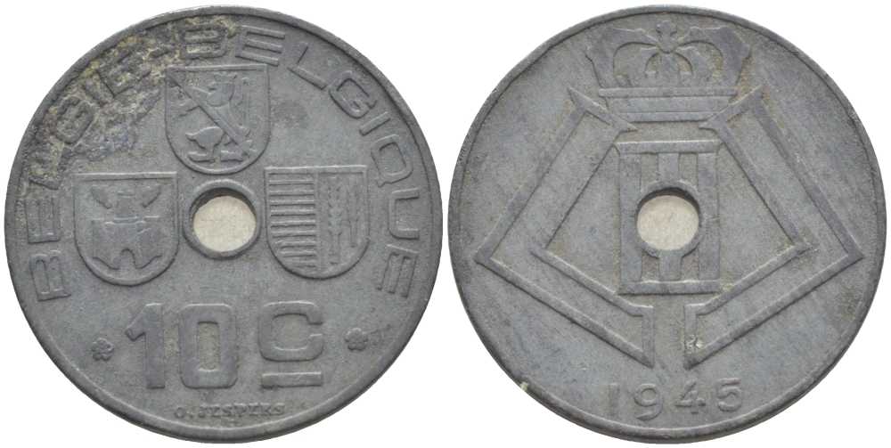 БЕЛЬГИЯ 10 САНТИМОВ 1945 BELGIE-BELGIQUE, ГЕРМАНСКАЯ ОККУПАЦИЯ, ВТОРАЯ МИРОВАЯ ВОЙНА, ЛЕОПОЛЬД III (1934-1950) KM 126 цинк 119-337