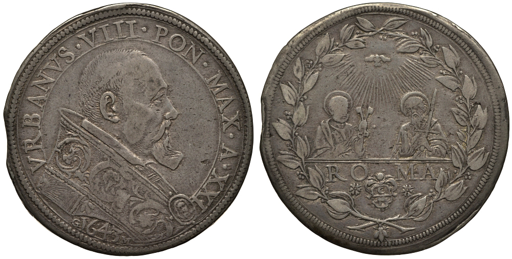 Ватикан 1 пиастр 1643 Урбан VIII Dav. 4061, Muntoni 28 серебро 00-000-00