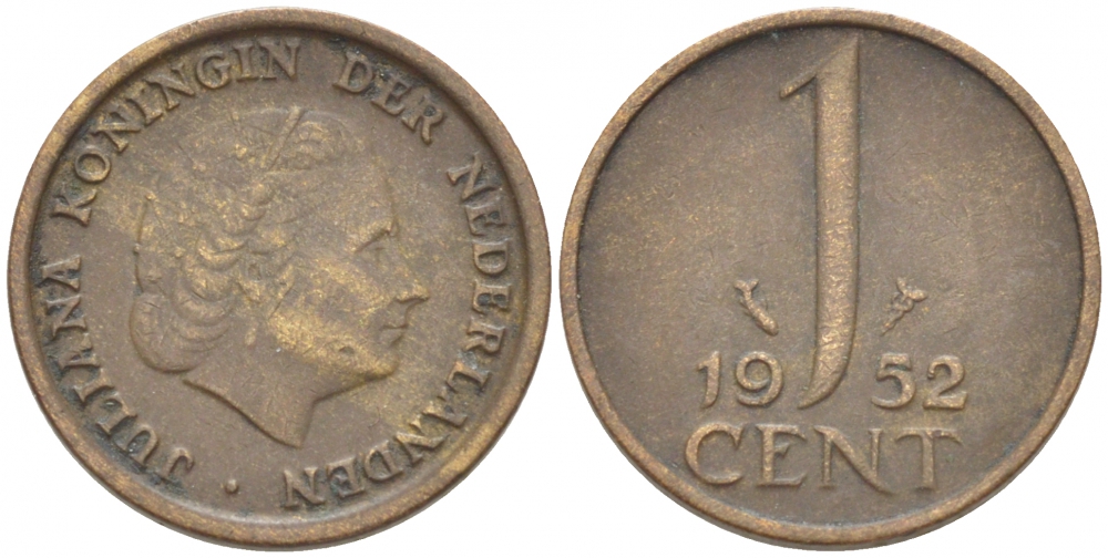 Нидерланды 1 цент 1952 Юлиана (1948-1980) КМ 180 бронза 3955-222