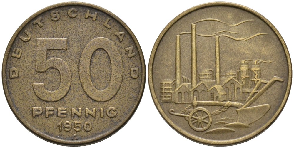ГДР 50 пфеннигов 1950 А, фабрика KM 4 алюминиевая бронза 4575-447