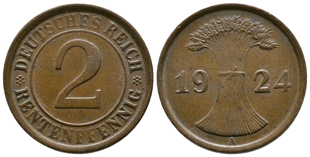 ГЕРМАНИЯ 2 РЕНТЕНПФЕННИГА 1924 A KM 31, J.307 бронза 86-1245