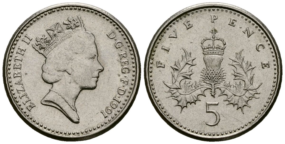 Великобритания 5 пенсов 1991 Елизавета II (1952-2022) KM 937b, Spink 4372 (D4) медно-никель 4173-754