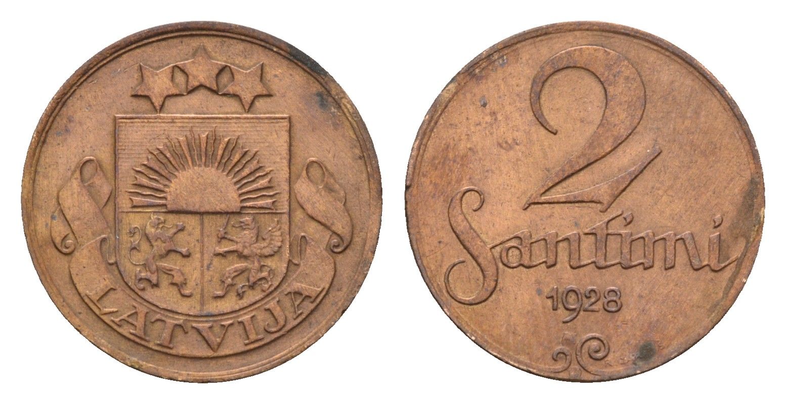 Латвия 2 сантима 1928 KM 2 бронза 4679-226