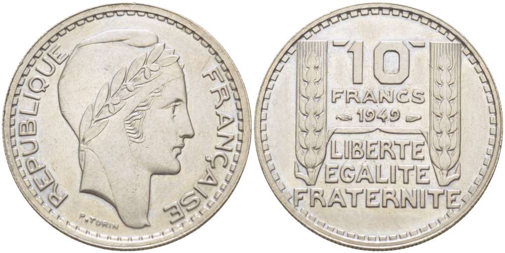 Франция 10 франков 1949 тип Пьер Турин KM 909.1, LE FRANC 362.6 медно-никель 4519-844