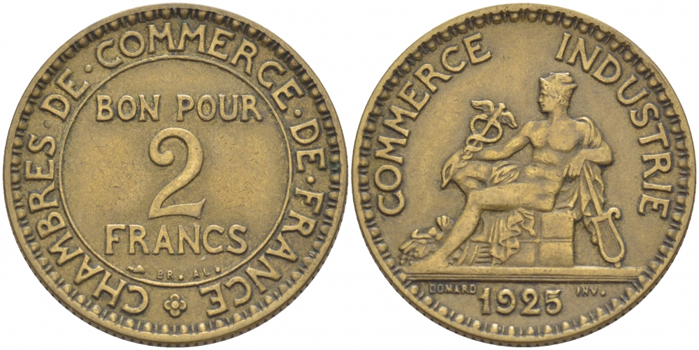 ФРАНЦИЯ 2 ФРАНКА 1925 25/3 KM 877 алюминиевая бронза 4403-133