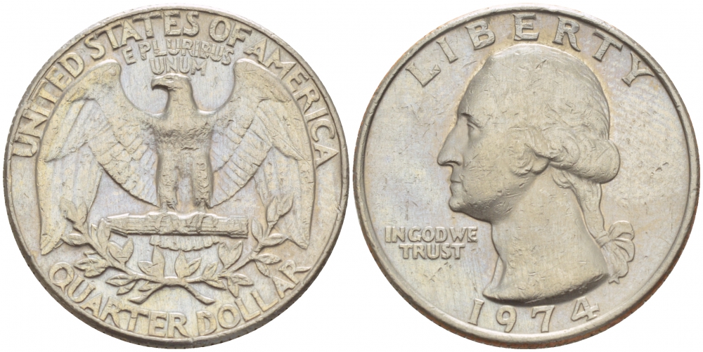 США 25 центов (квотер) 1974 Вашингтон KM 164a медь плакированная медно-никелем 4546-1253